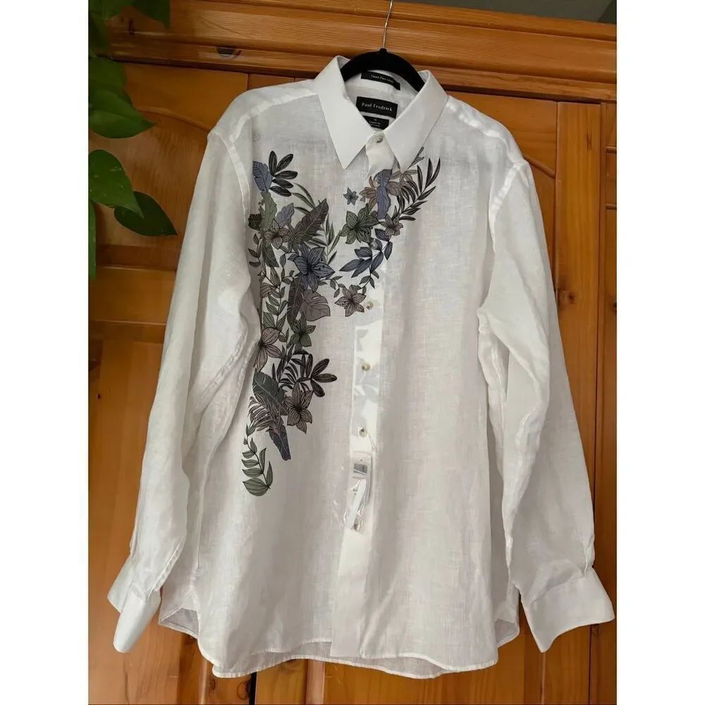NWT Paul Fredrick Linen Button-Down Shirt, Botanical/Floral Print, White, XL
